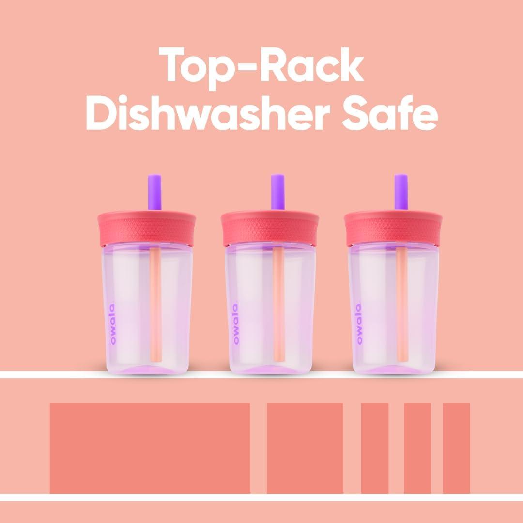 imageOwala Kids BPAFree Plastic Tumbler with Spill Resistant Flexible Straw Easy to Clean Kids Water Bottle Great for Travel Dishwasher Safe 15 Oz Orange and Peach WatermelonLilac Rocket