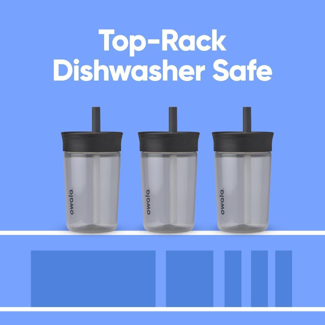 imageOwala Kids BPAFree Plastic Tumbler with Spill Resistant Flexible Straw Easy to Clean Kids Water Bottle Great for Travel Dishwasher Safe 15 Oz Orange and Peach WatermelonBlack and Grey