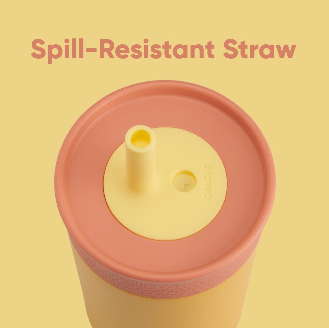 imageOwala Kids Insulation Stainless Steel Tumbler with Spill Resistant Flexible Straw Easy to Clean Kids Water Bottle Great for Travel Dishwasher Safe 12 Oz Peach and Yellow PicnicYellow  Peach