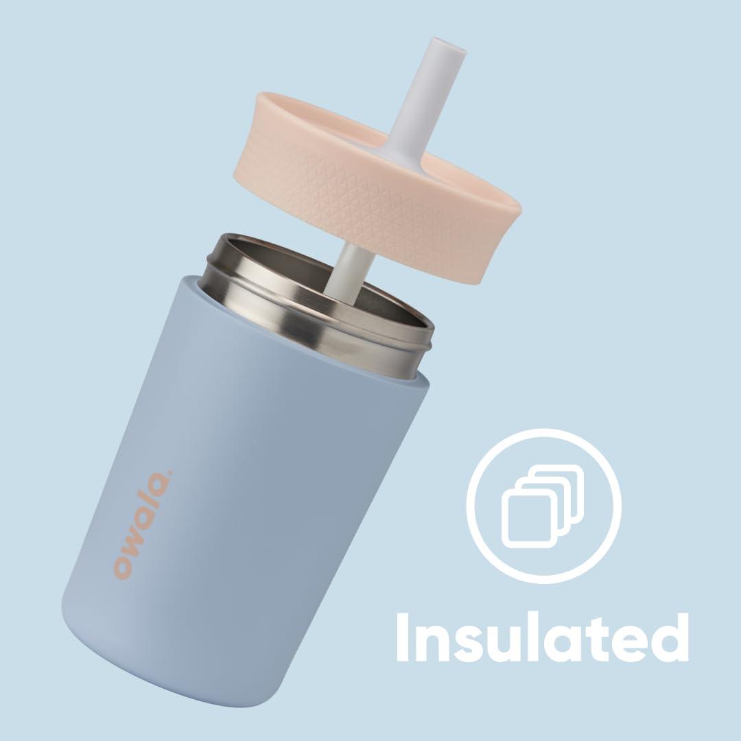 imageOwala Kids Insulation Stainless Steel Tumbler with Spill Resistant Flexible Straw Easy to Clean Kids Water Bottle Great for Travel Dishwasher Safe 12 Oz Peach and Yellow PicnicTan and Blue