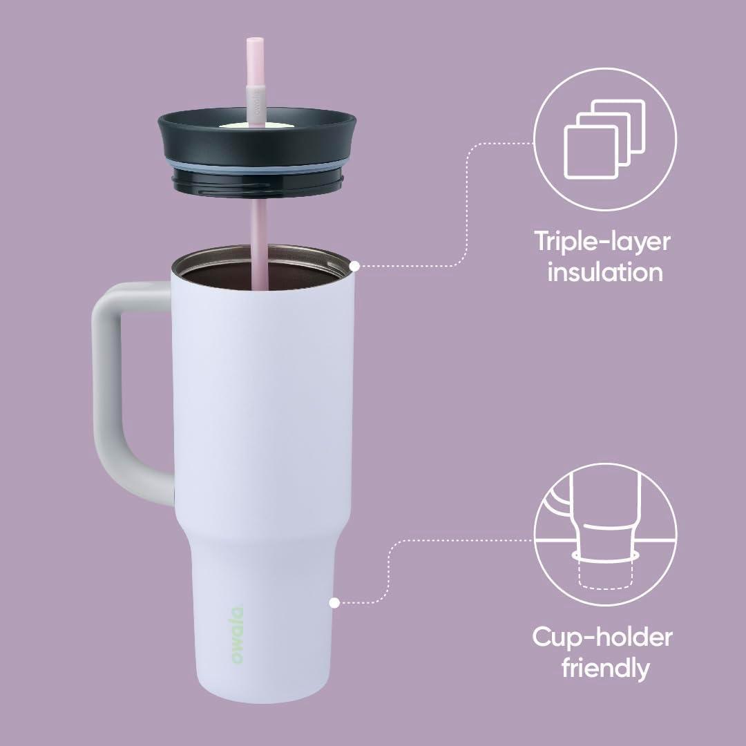 imageOwala Stainless Steel Triple Layer Insulated Travel Tumbler with Spill Resistant Lid Straw and Carry Handle BPA Free 40 oz Gray Iced TeaBunny Hop