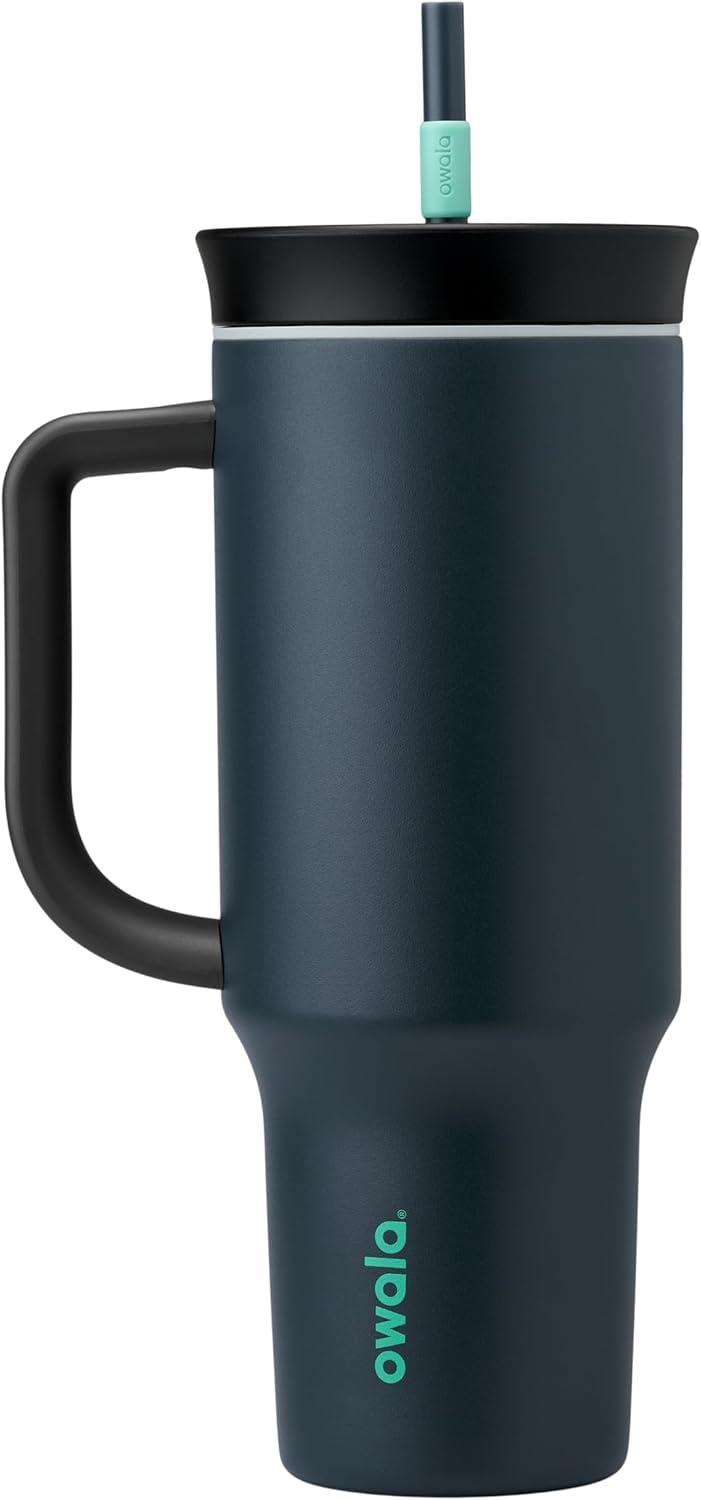 imageOwala Stainless Steel Triple Layer Insulated Travel Tumbler with Spill Resistant Lid Straw and Carry Handle BPA Free 40 oz Gray Iced TeaFoggy Tide
