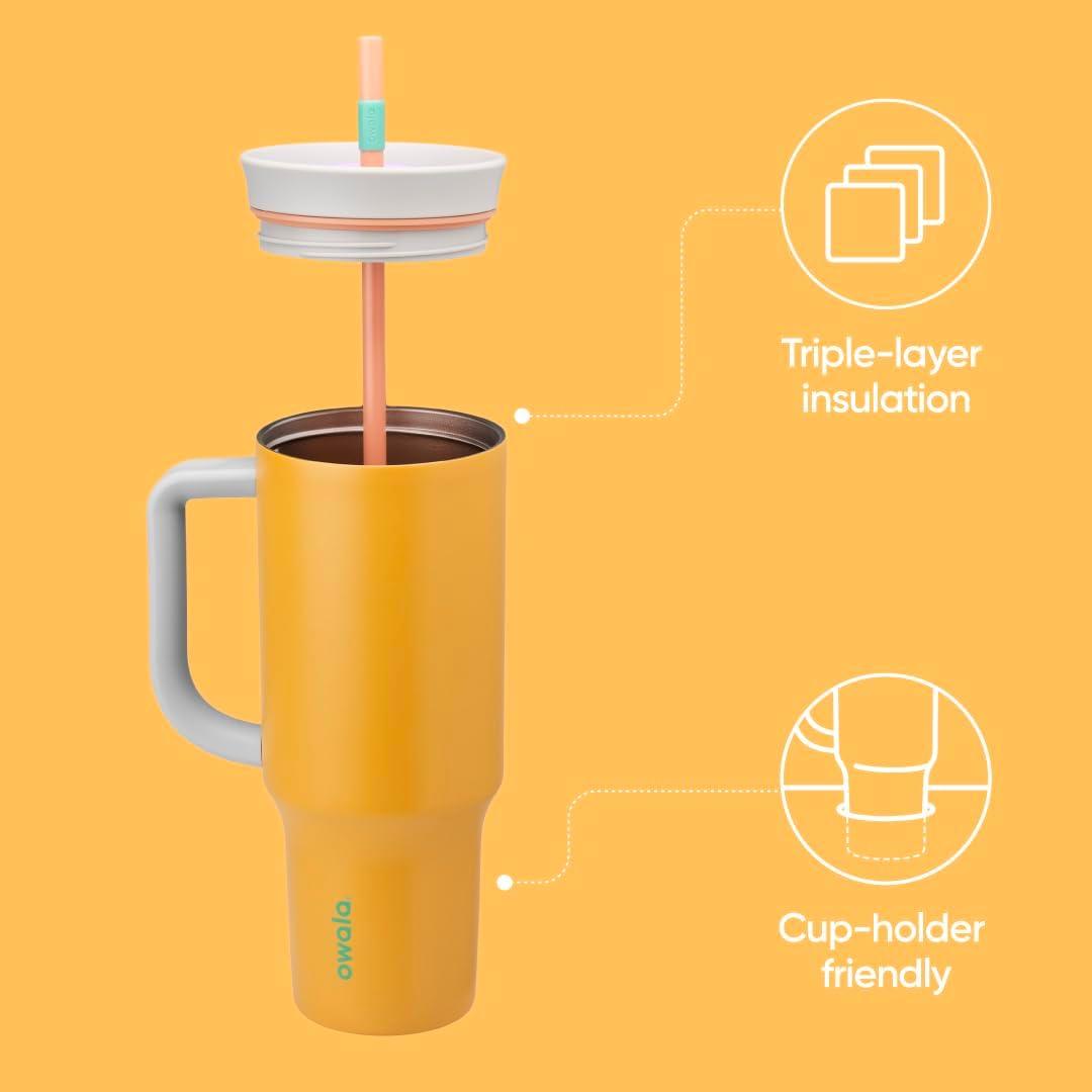 imageOwala Stainless Steel Triple Layer Insulated Travel Tumbler with Spill Resistant Lid Straw and Carry Handle BPA Free 40 oz Gray Iced TeaTropical
