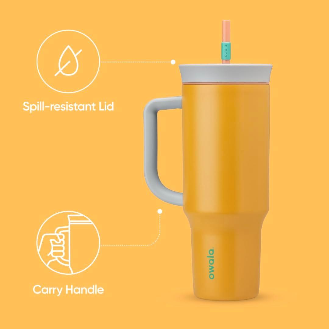 imageOwala Stainless Steel Triple Layer Insulated Travel Tumbler with Spill Resistant Lid Straw and Carry Handle BPA Free 40 oz Gray Iced TeaTropical