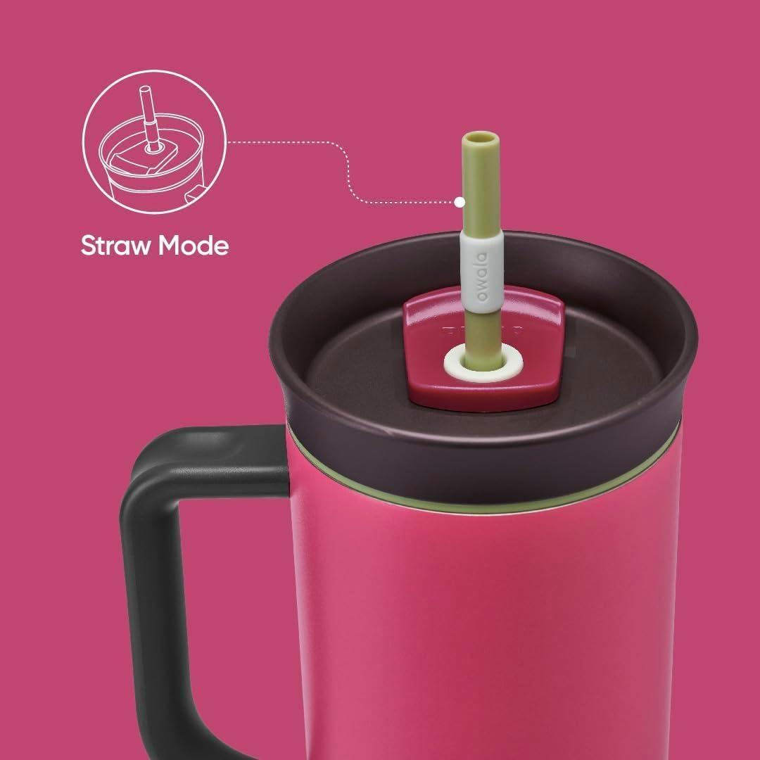 imageOwala Stainless Steel Triple Layer Insulated Travel Tumbler with Spill Resistant Lid Straw and Carry Handle BPA Free 40 oz Gray Iced TeaWatermelon Breeze