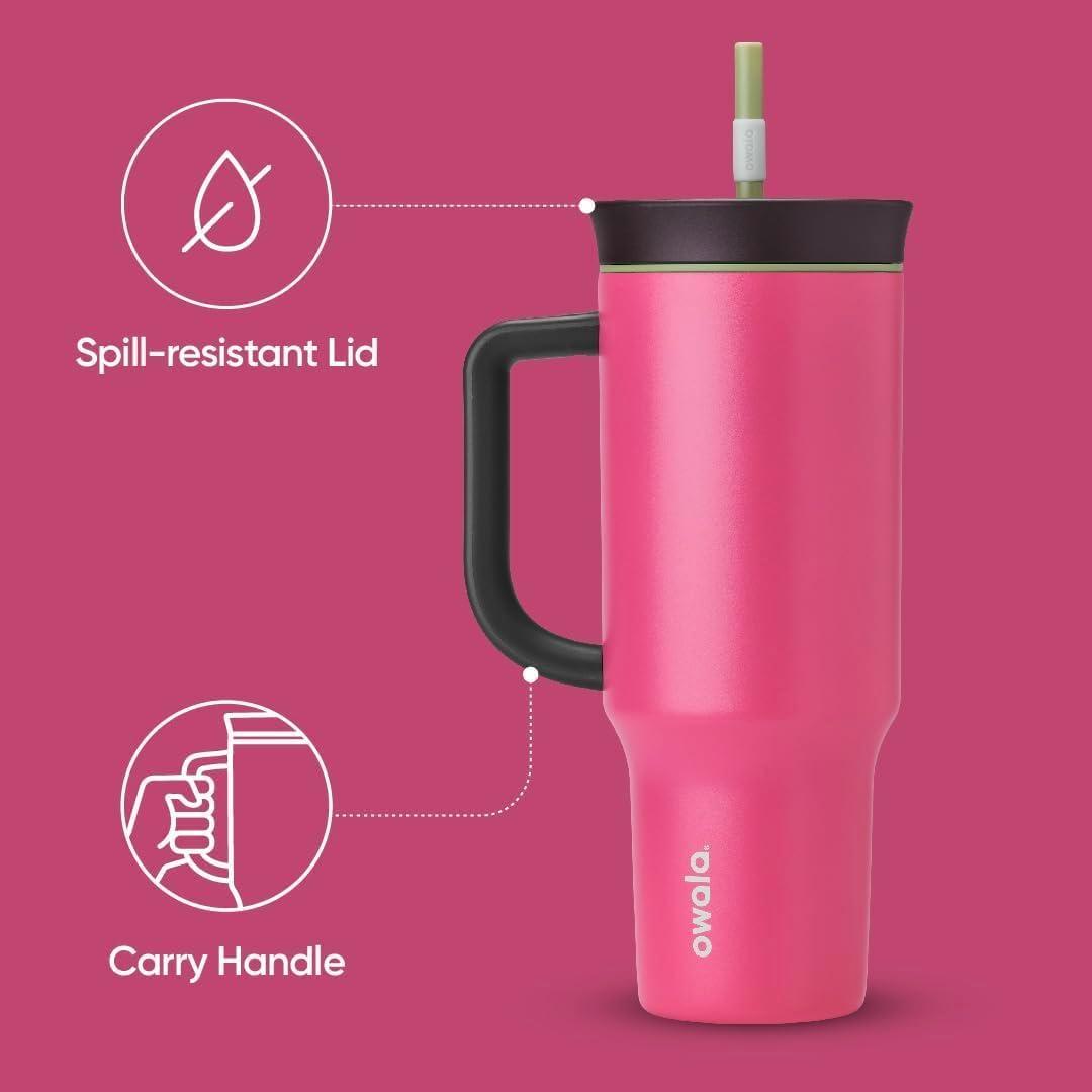 imageOwala Stainless Steel Triple Layer Insulated Travel Tumbler with Spill Resistant Lid Straw and Carry Handle BPA Free 40 oz Gray Iced TeaWatermelon Breeze