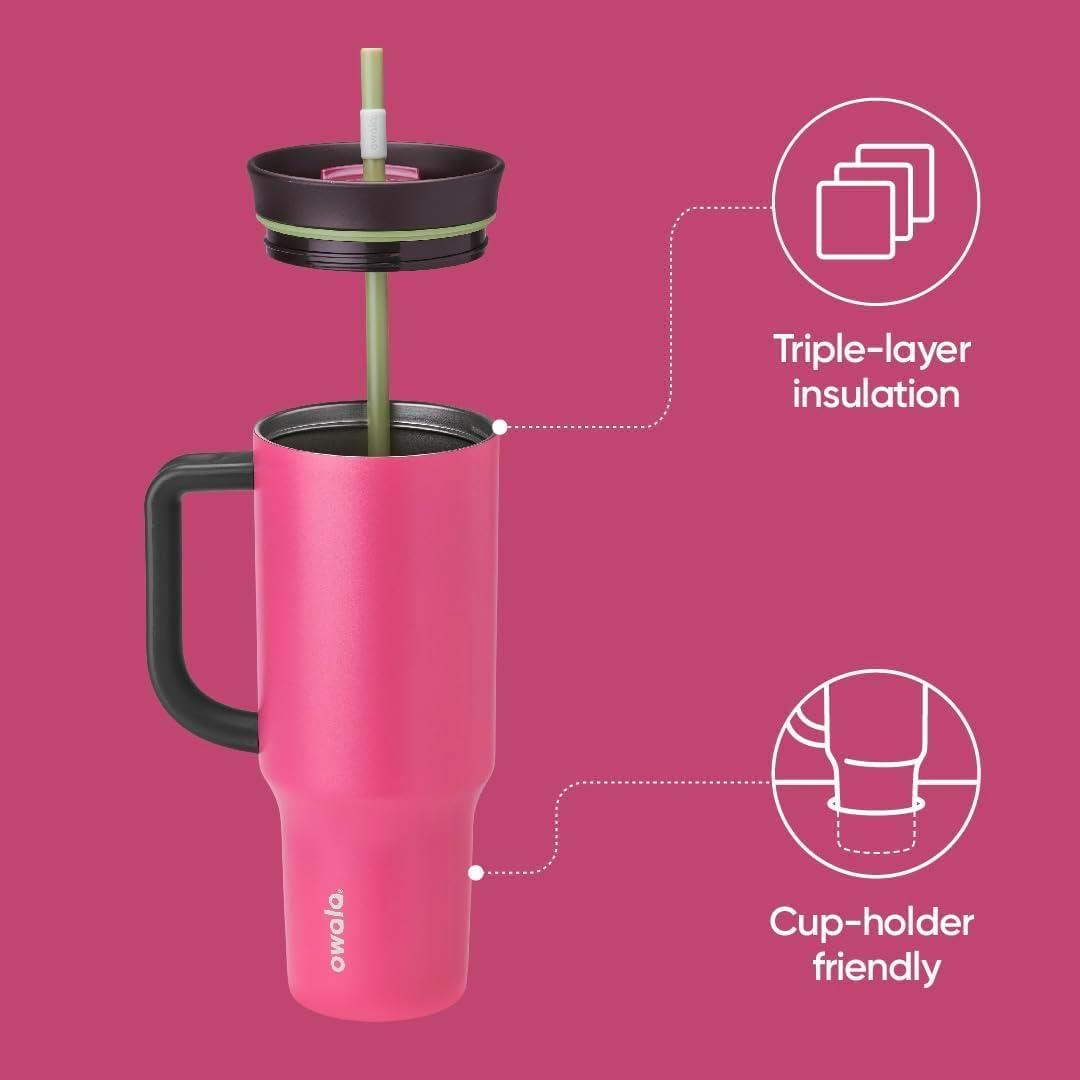 imageOwala Stainless Steel Triple Layer Insulated Travel Tumbler with Spill Resistant Lid Straw and Carry Handle BPA Free 40 oz Gray Iced TeaWatermelon Breeze