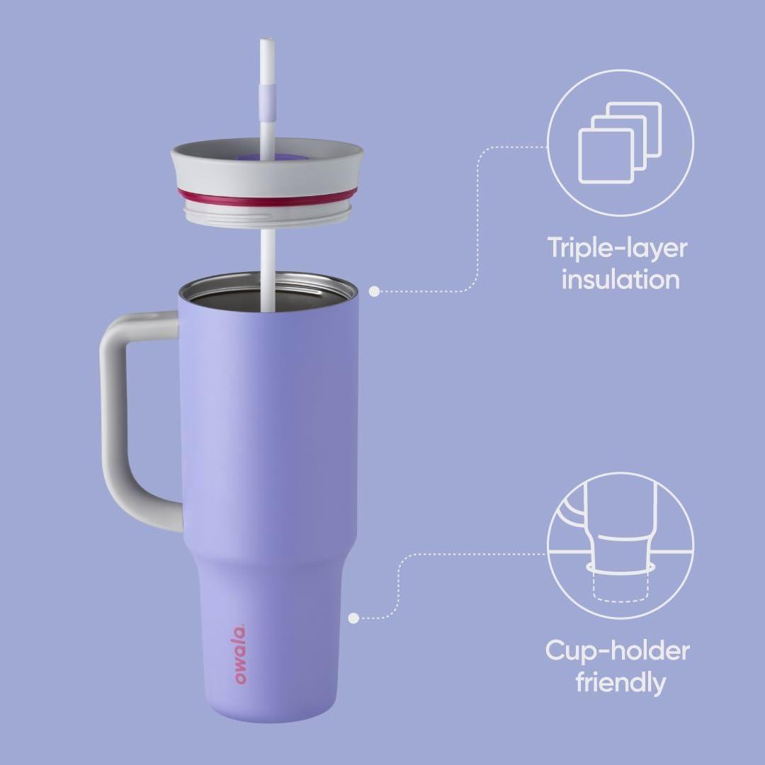 imageOwala Stainless Steel Triple Layer Insulated Travel Tumbler with Spill Resistant Lid Straw and Carry Handle BPA Free 40 oz Gray Iced TeaWhimsical Daydream