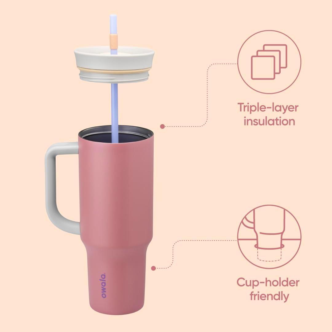 imageOwala Stainless Steel Triple Layer Insulated Travel Tumbler with Spill Resistant Lid Straw and Carry Handle BPA Free 40 oz Gray Iced TeaYoga Rose