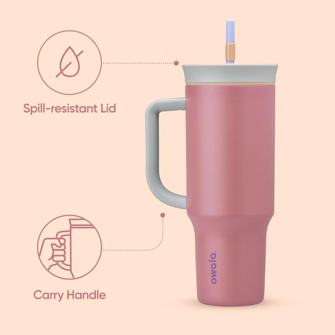 imageOwala Stainless Steel Triple Layer Insulated Travel Tumbler with Spill Resistant Lid Straw and Carry Handle BPA Free 40 oz Gray Iced TeaYoga Rose