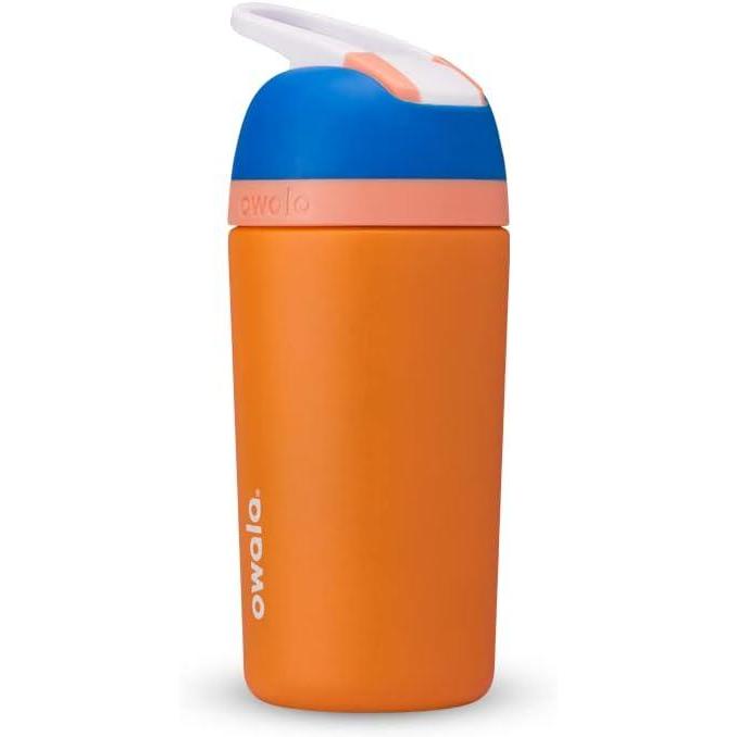 imageOwala Kids Flip Insulated StainlessSteel Water Bottle with Straw and Locking Lid 14Ounce OrangeBlue Blue CitrusOrange  Blue