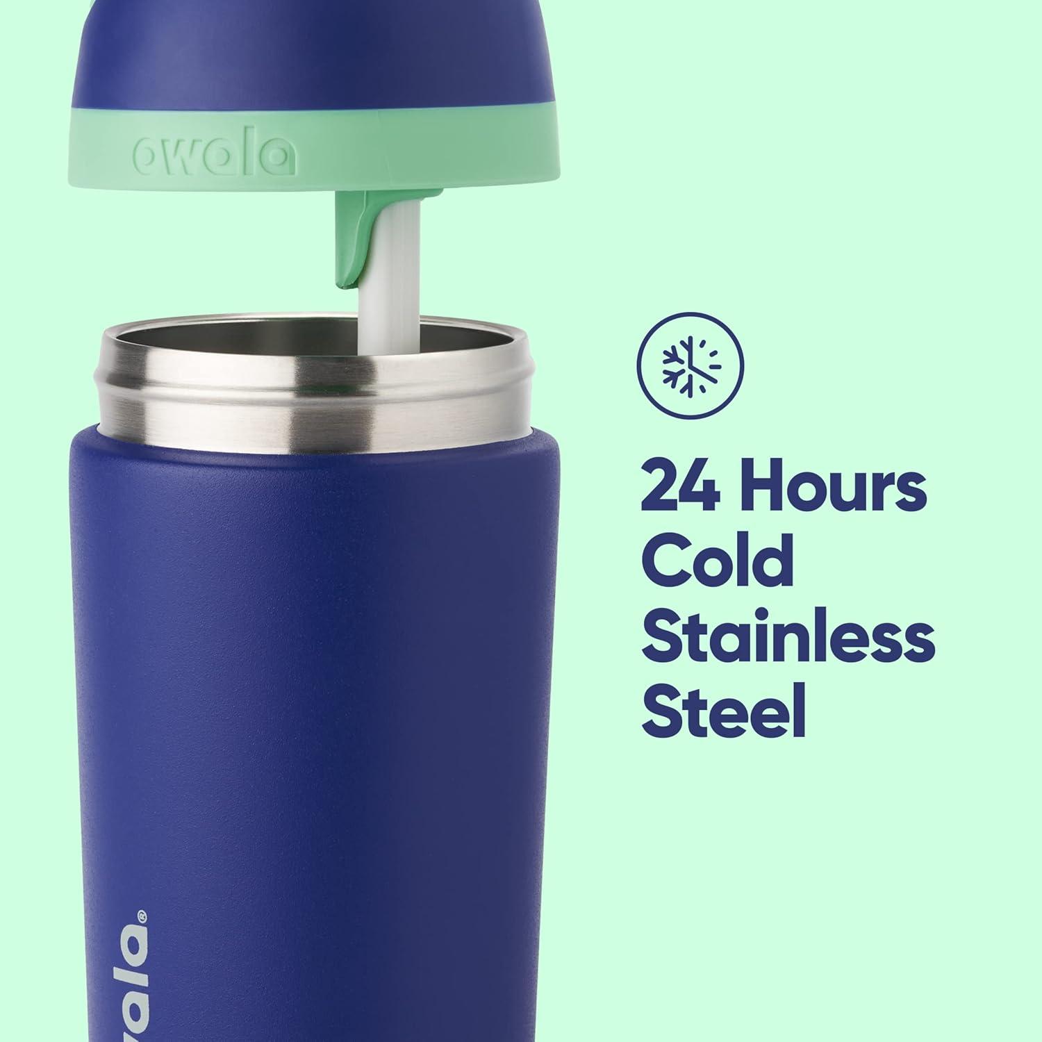 imageOwala Kids Flip Insulated StainlessSteel Water Bottle with Straw and Locking Lid 14Ounce Blue ampamp Teal
