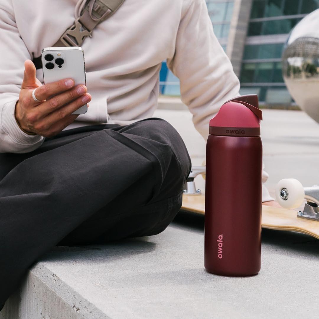 imageOwala FreeSip Insulated Stainless Steel Water Bottle with Straw BPAFree Sports Water Bottle Great for Travel 24 Oz Black CherryBlack Cherry