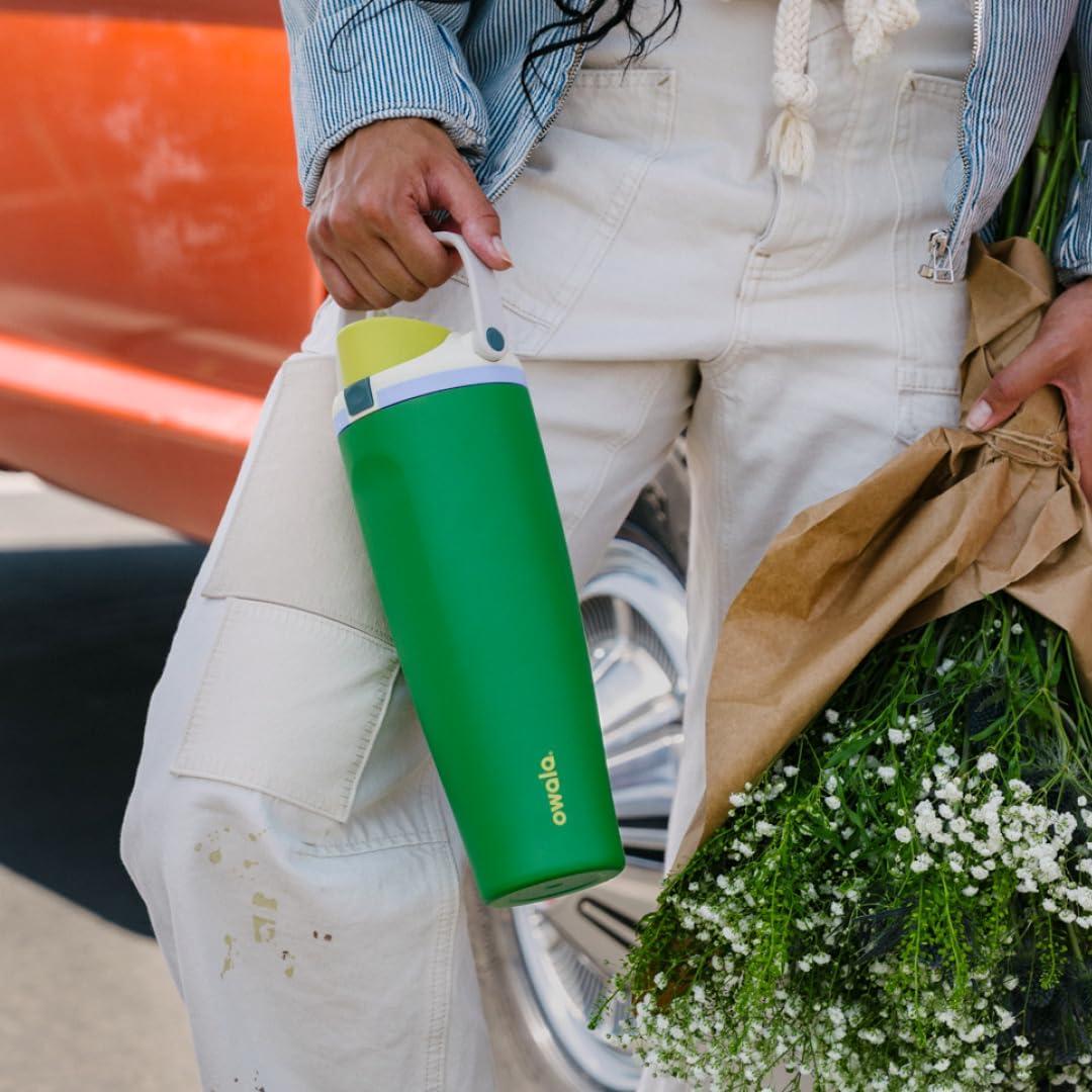 imageOwala FreeSip Sway Insulated Stainless Steel Water Bottle with TwoWay Spout BuiltIn Straw and Bucket Handle Made for Travel School and Sports 30oz BPA Free Leak Proof Off RoadPutting Green